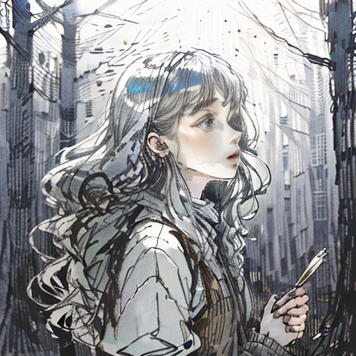 a woman standing in a forest holding a cigarette and looking at something in her hand with a sky background