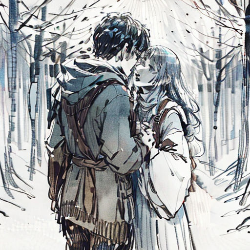a man and woman walking through a forest in the snow with a backpack on their back, looking at each other