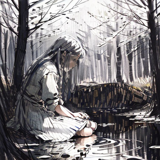 a woman sitting on a rock in a forest next to a pond of water and trees with leaves on the ground