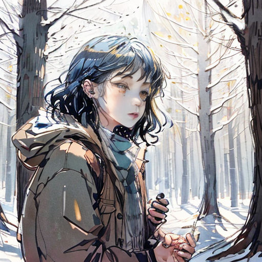 a woman standing in the snow holding a cigarette and looking at something in her hand, with trees in the background