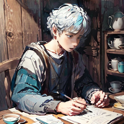 a boy sitting at a table with a book and pen in his hand and a book open to his left