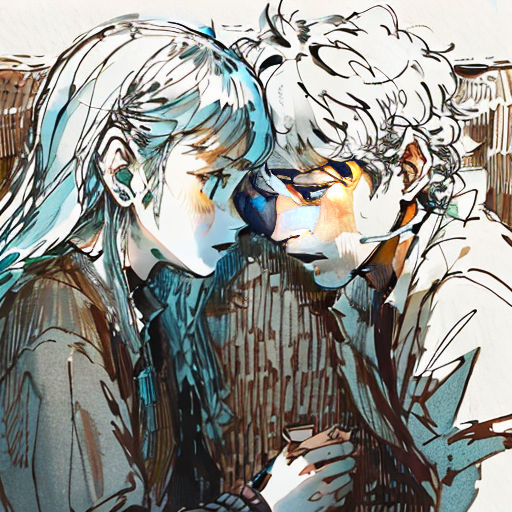 a couple of people sitting next to each other on a bench with a cell phone in their hand and a drawing of them
