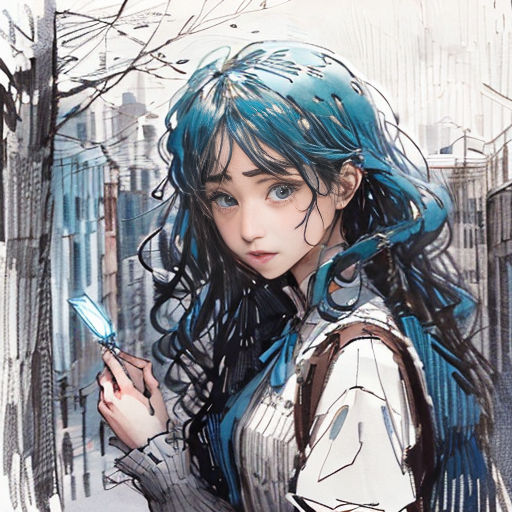 a woman with blue hair holding a cell phone in her hand and looking at the camera with a city in the background