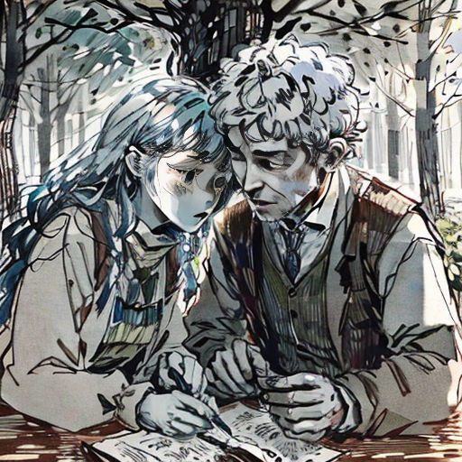 a man and woman sitting next to each other in the woods reading a book together, with trees in the background