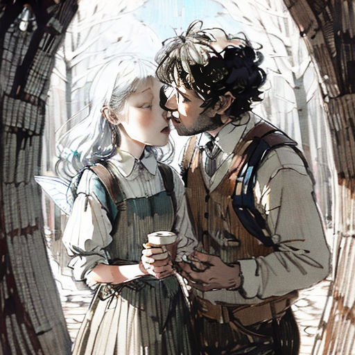 a man and a woman are kissing in a tunnel of trees with a cup of coffee in their hands