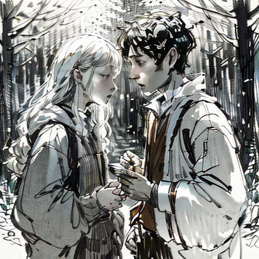 a couple of people standing in the snow near trees and trees with snow falling on them and one person holding a cell phone