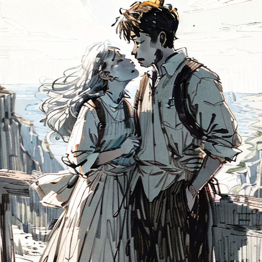 a man and a woman standing next to each other near the ocean and a bridge with a bird flying overhead