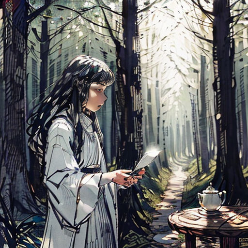 a woman in a white dress standing in a forest looking at a tablet computer in her hands and holding a cup of tea