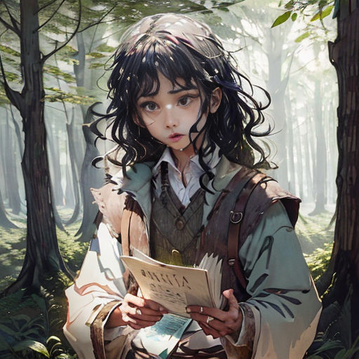 a girl in a forest reading a book with a forest background and trees in the background, with a person standing in the foreground