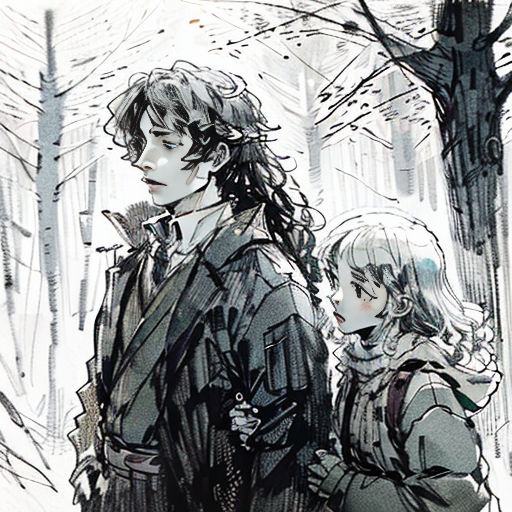 a couple of people standing next to each other in the snow in a forest with trees and snow on the ground
