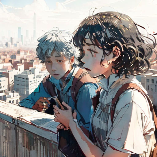 two people standing on a ledge looking at a cell phone in the city, with a cityscape in the background