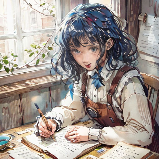 a woman sitting at a desk with a pen and paper in her hand and writing on a piece of paper