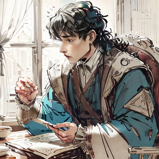 a man in a medieval costume sitting at a table with a book and pen in his hand and a cup of tea in front of him