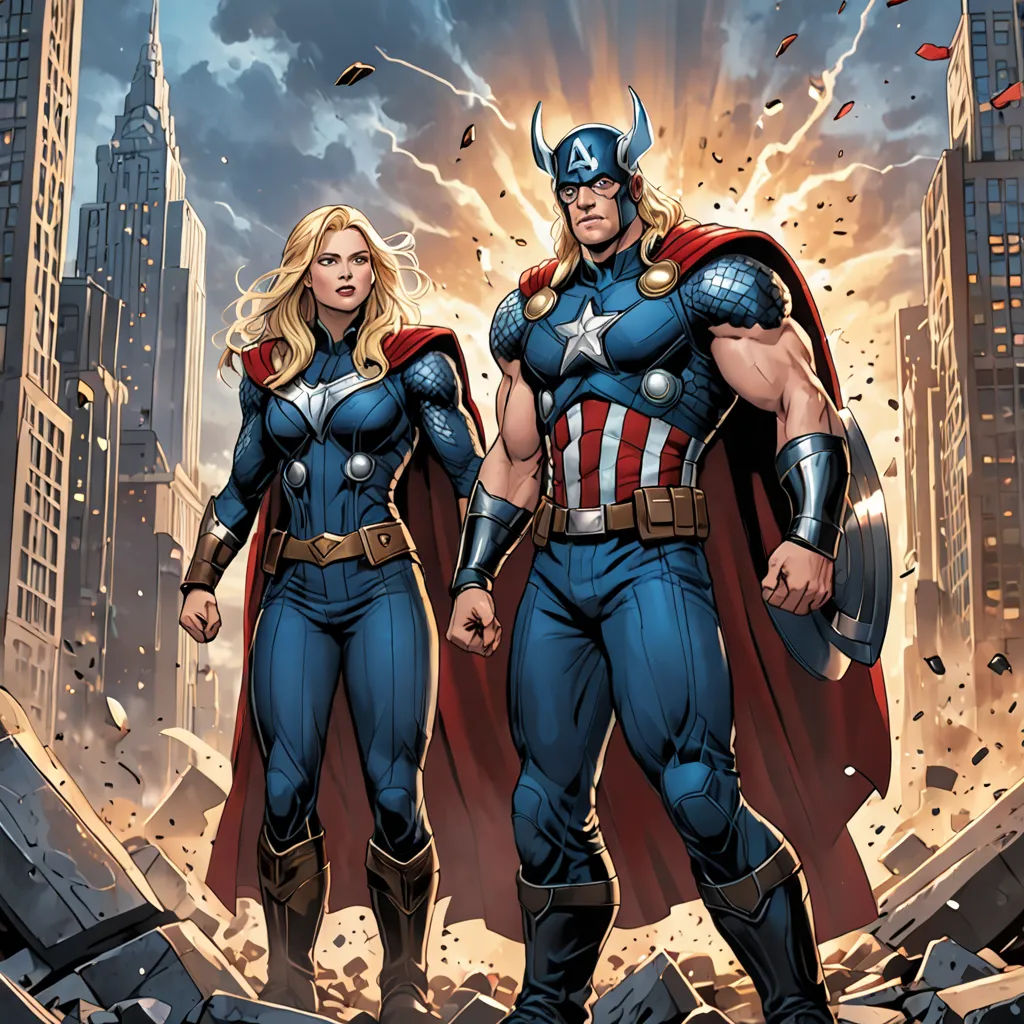 a couple of superheros standing in front of a city skyline with a huge explosion of buildings in the background, antipodeans, a comic book panel, Brothers Hildebrandt, marvel comics