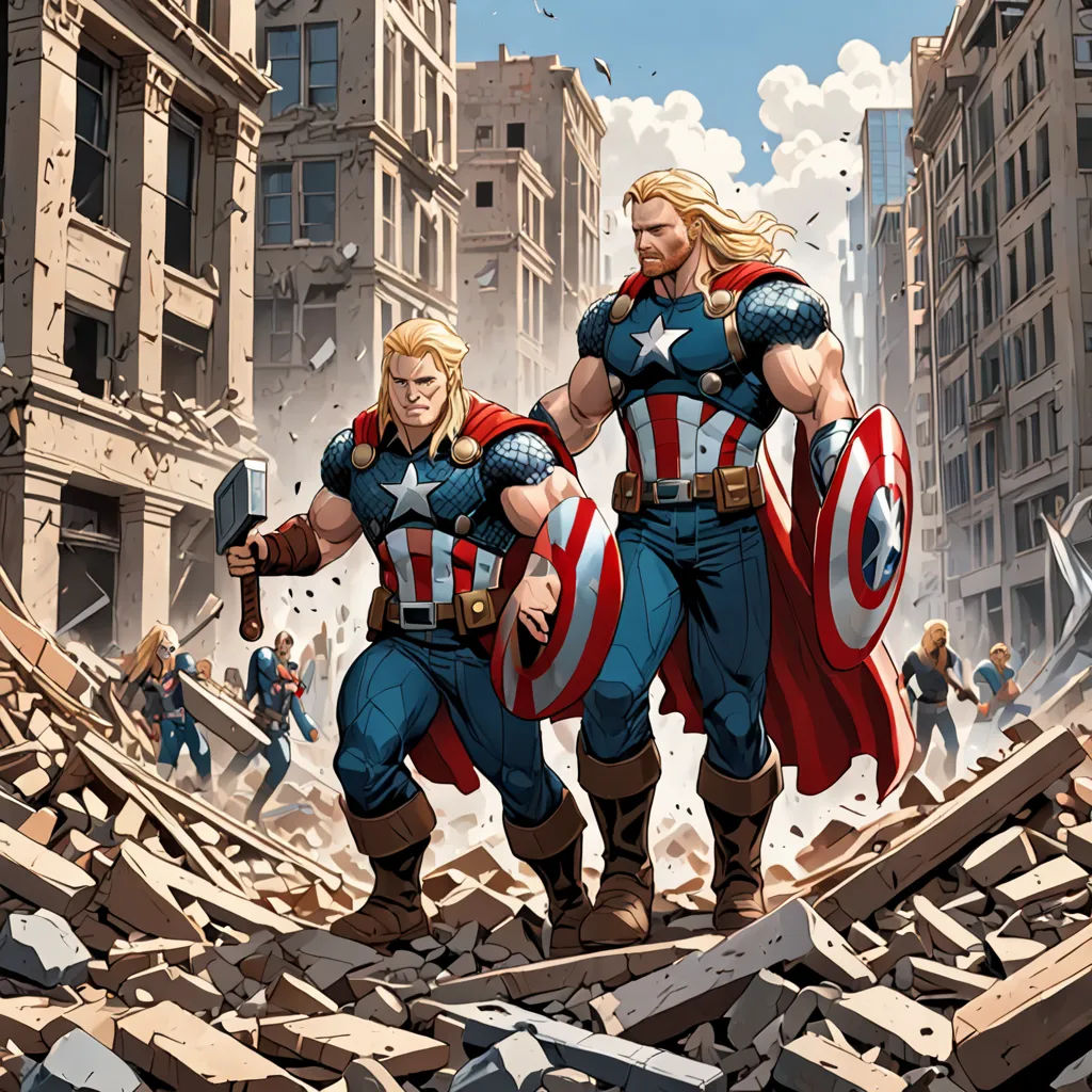 two men in captain america outfits walking through a destroyed city street with a hammer in his hand and a hammer in his other hand, antipodeans, a comic book panel, Brothers Hildebrandt, marvel comics