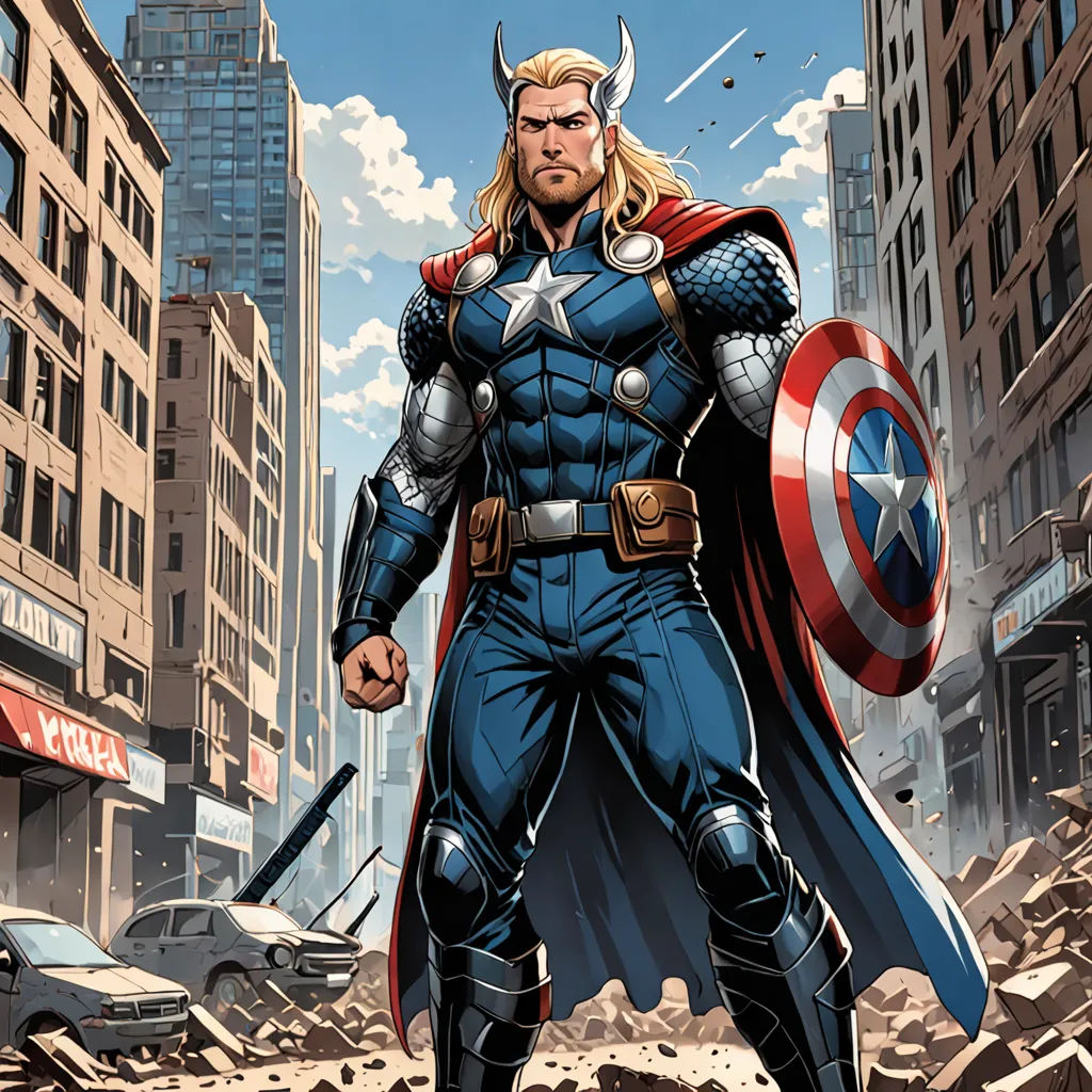 a man in a suit and cape standing in a city street with a hammer in his hand and a huge hammer in his hand, antipodeans, a comic book panel, Americo Makk, marvel comics