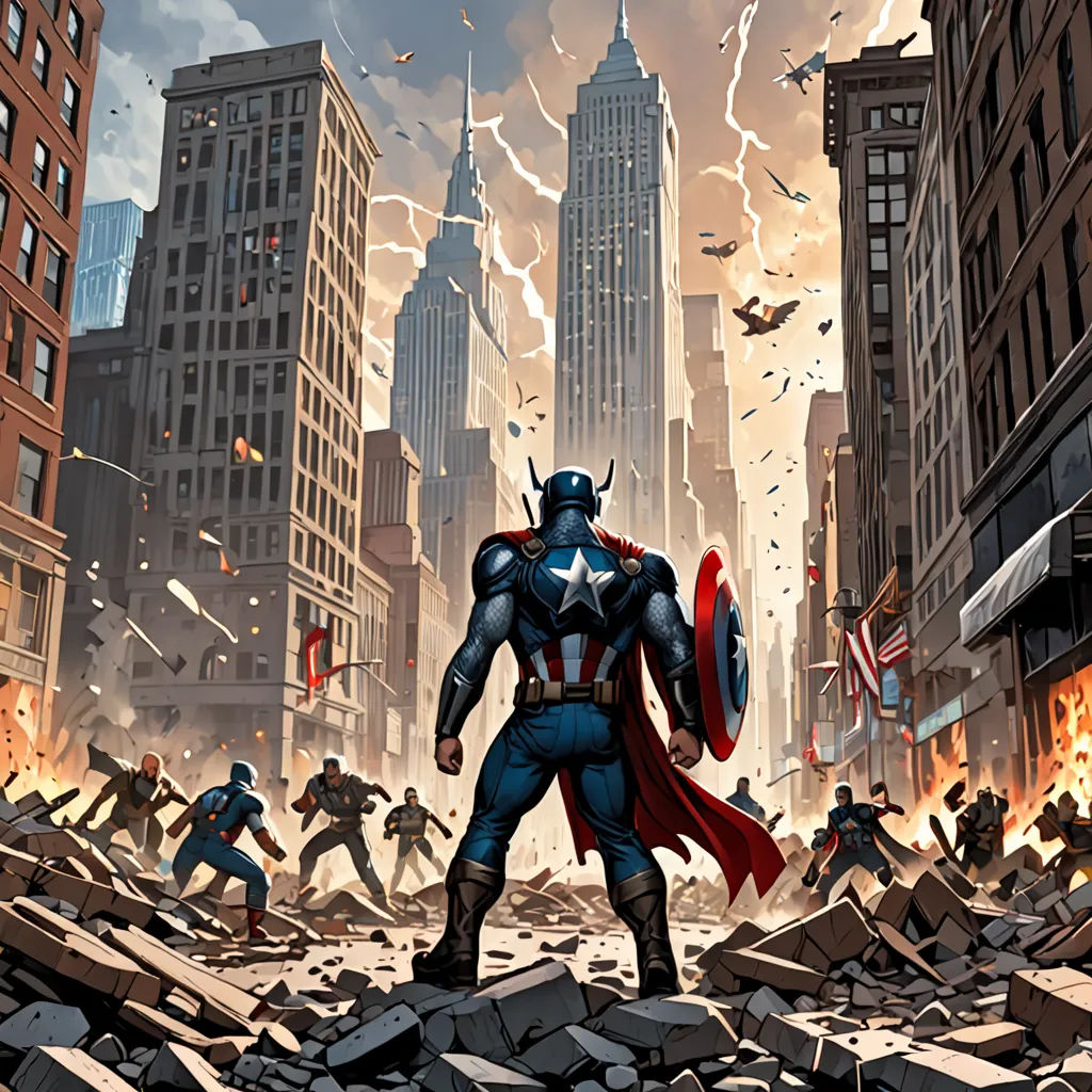 a cartoon of a man in a suit and cape standing in a destroyed city street with a bunch of buildings, ashcan school, a comic book panel, Americo Makk, marvel comics