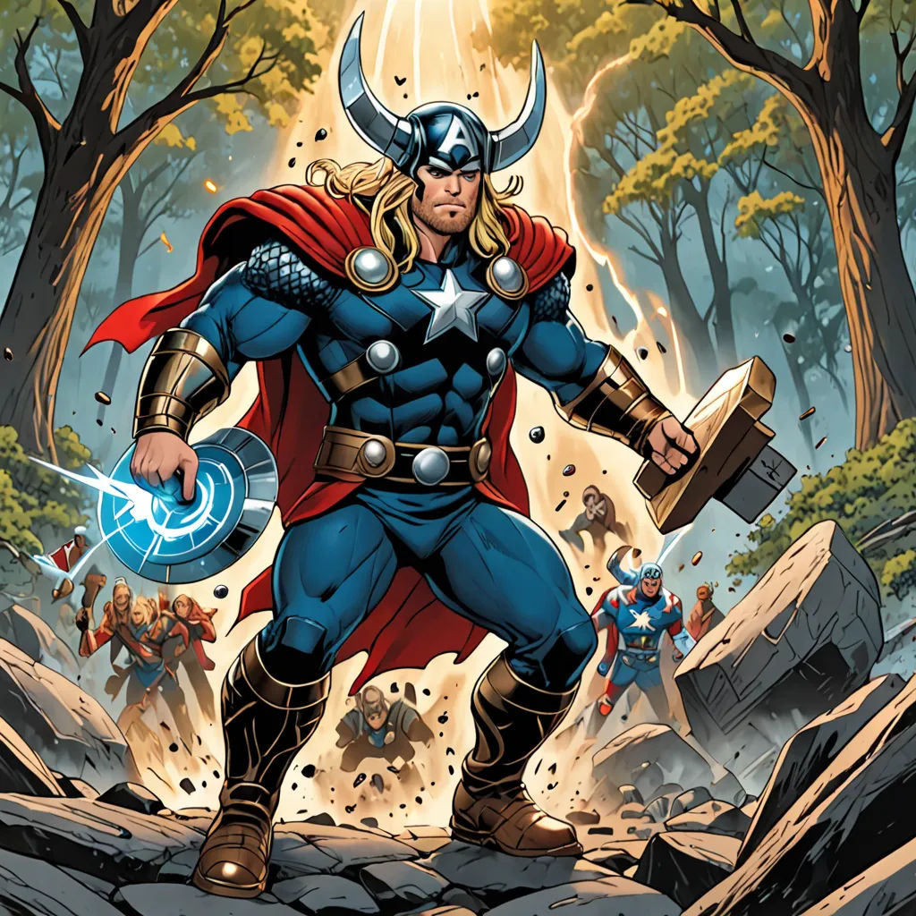 a man in a costume is holding a sword and shield in a forest with other men in the background, process art, a comic book panel, Alan Davis, marvel comics