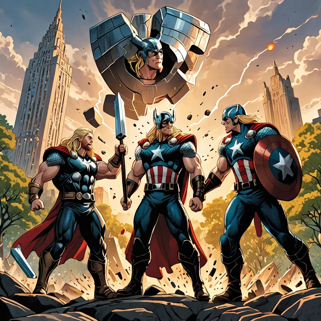 a group of avengerss standing in front of a city skyline with a giant hammer in the air and a giant shield in the foreground, altermodern, a comic book panel, Brothers Hildebrandt, marvel comics