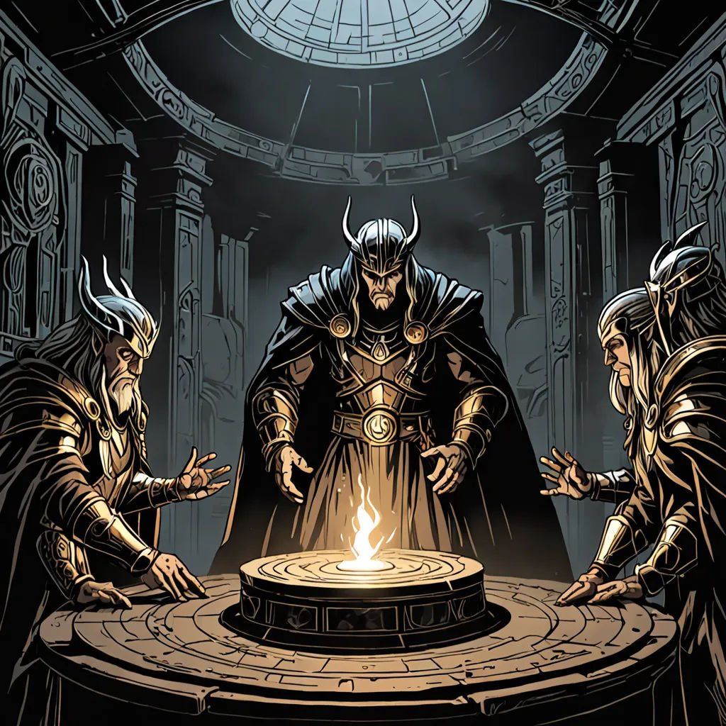 a group of men standing around a fire pit in a room with a dome ceiling and a skylight, fantasy art, a comic book panel, Donato Giancola, elden ring
