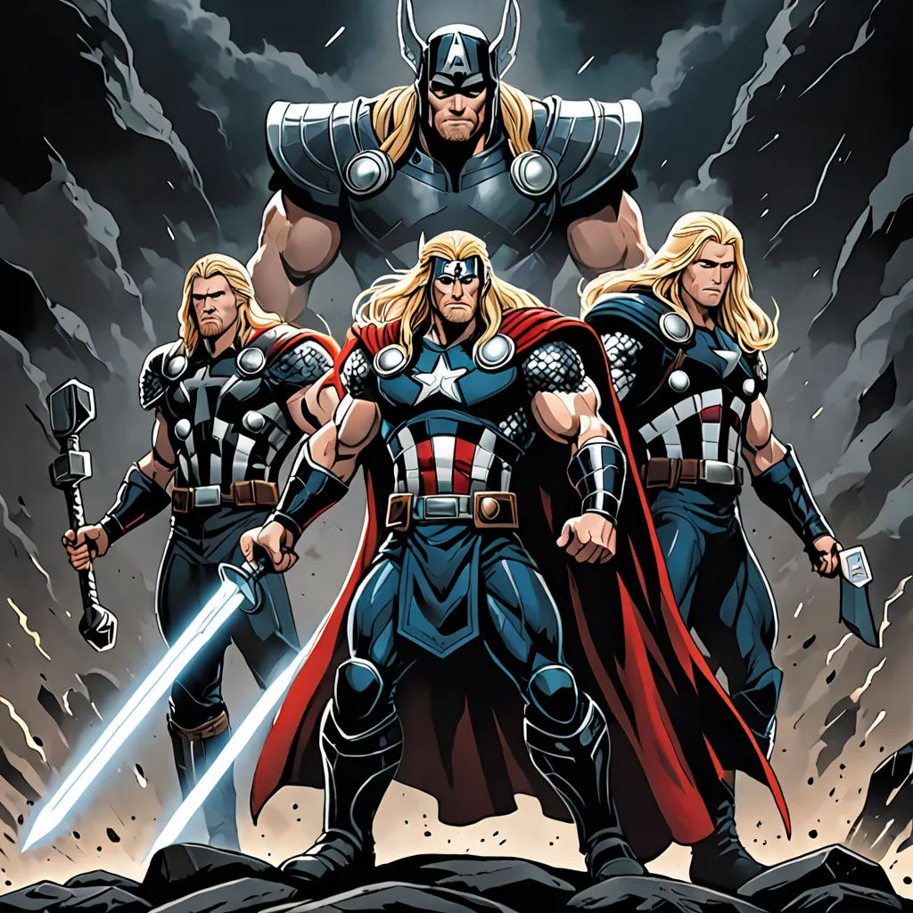 a group of avengerss standing in front of a storm of lightning and lightning clouds with swords in their hands, antipodeans, a comic book panel, Brothers Hildebrandt, marvel comics