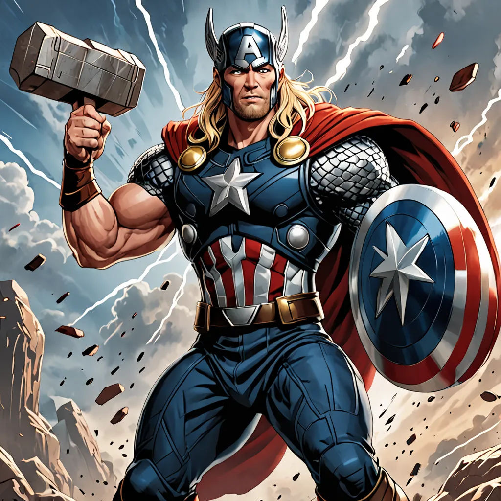 a man in a captain america costume holding a hammer and a rock in his hand with a thunder behind him, antipodeans, a comic book panel, Americo Makk, marvel comics