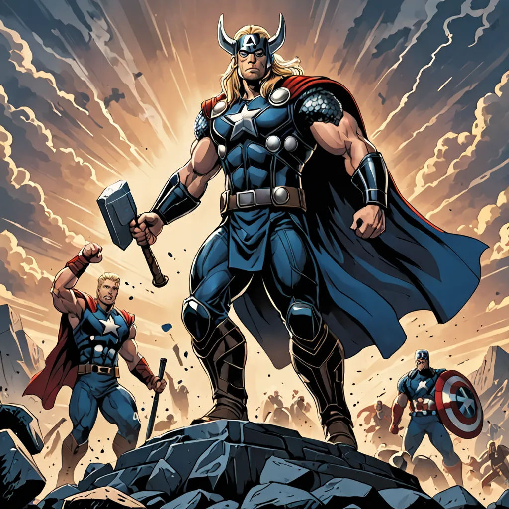 a cartoon of a thor with two other men in the background and a sky full of clouds behind him, altermodern, a comic book panel, Brothers Hildebrandt, marvel comics