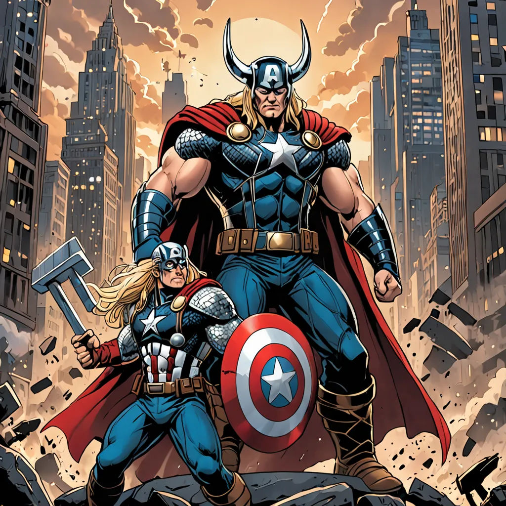 a man in a suit and a woman in a costume standing in front of a city skyline with a hammer, antipodeans, a comic book panel, Brothers Hildebrandt, marvel comics
