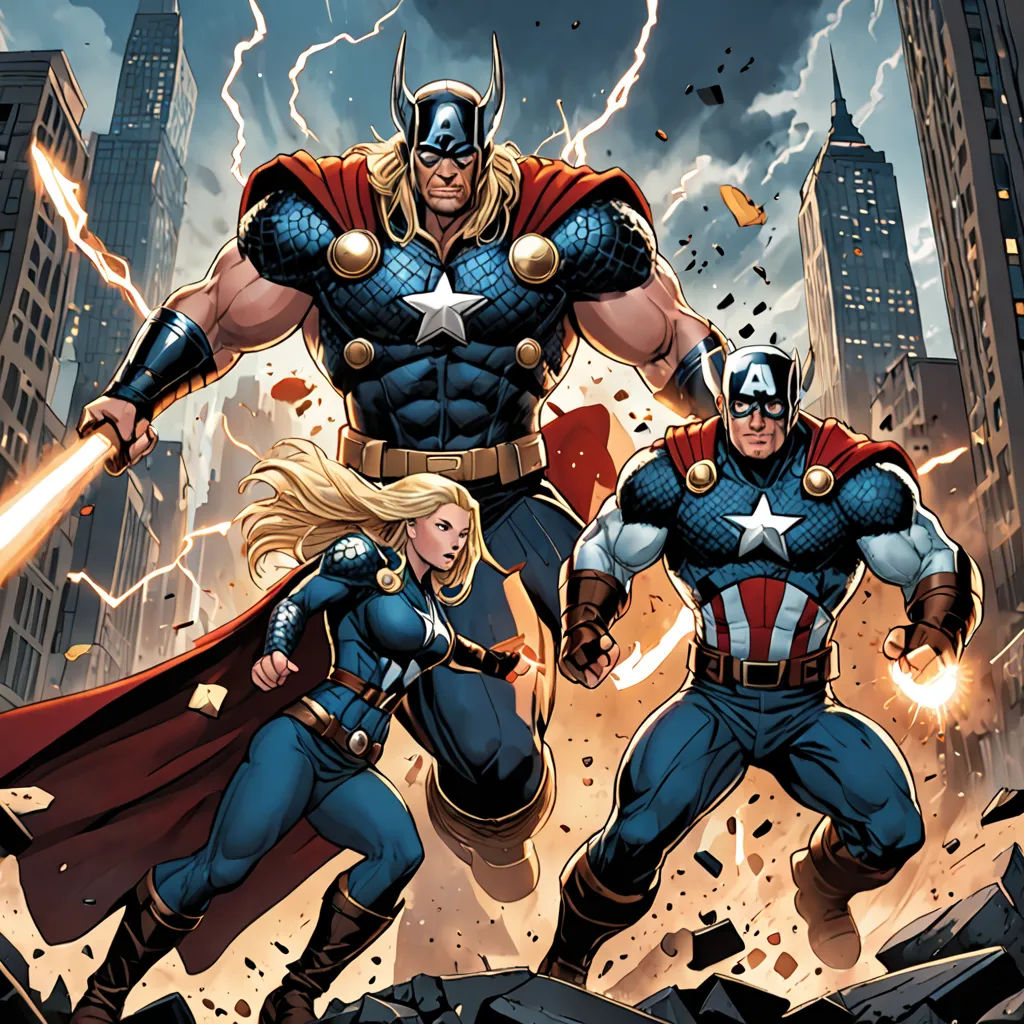 a group of avengers characters standing in front of a city skyline with lightning and lightning bolts in the background, antipodeans, a comic book panel, Brothers Hildebrandt, marvel comics