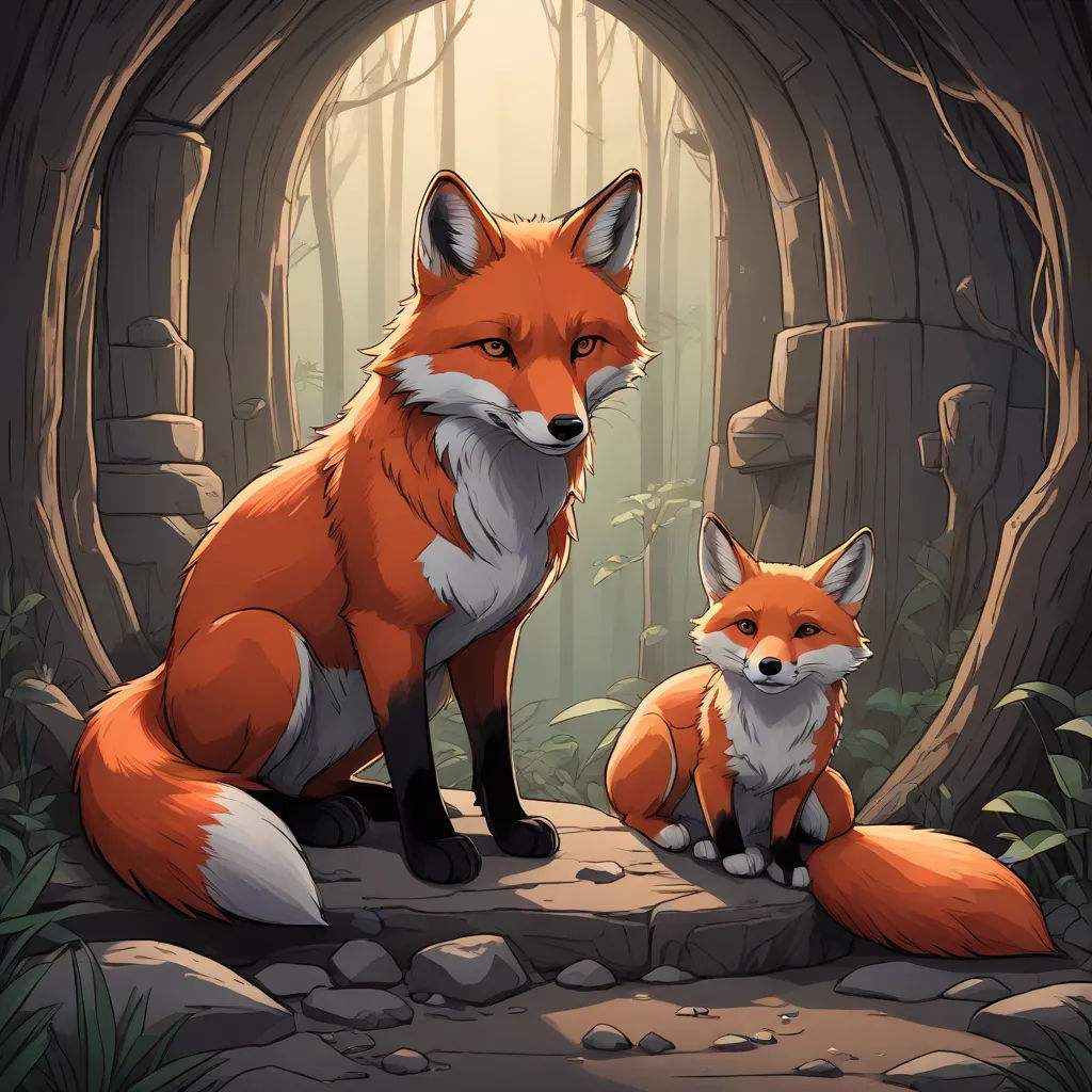 a couple of foxes sitting in a forest under a tunnel with rocks and grass on the ground and rocks on the ground, a storybook illustration, Dan Mumford, furry art, official art