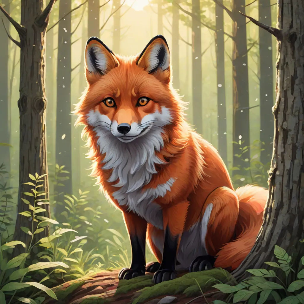a painting of a fox sitting in the woods looking at the camera with a bright light shining on it, a digital painting, Dan Mumford, furry art, official art