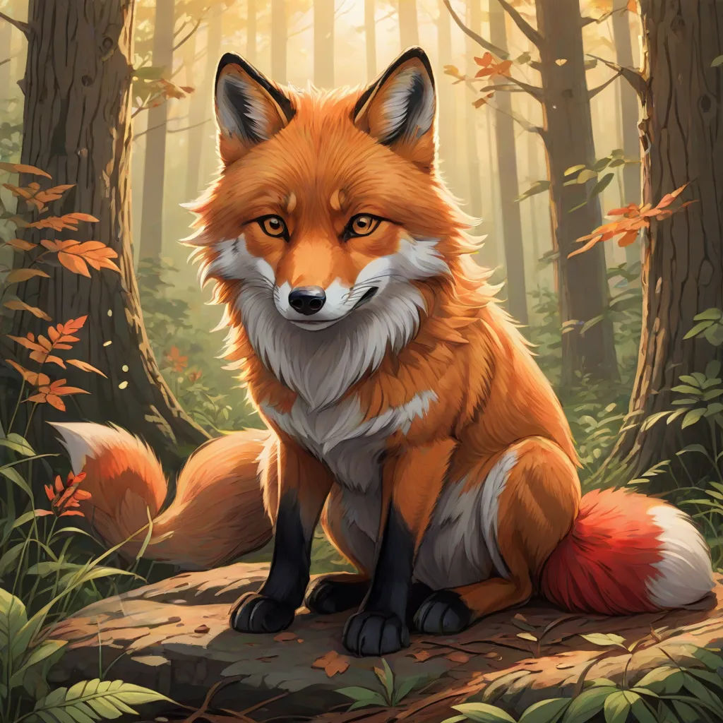 a painting of a fox sitting on a log in a forest with leaves and trees around it, looking at the camera, a fine art painting, Aaron Jasinski, furry art, trending on art station