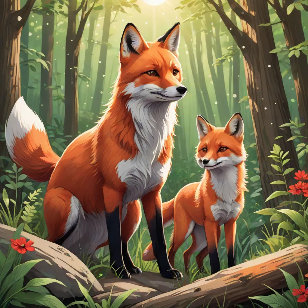 a painting of two foxes in a forest with flowers and trees in the background, with a bright sun shining through the trees, a storybook illustration, Dan Mumford, furry art, official art