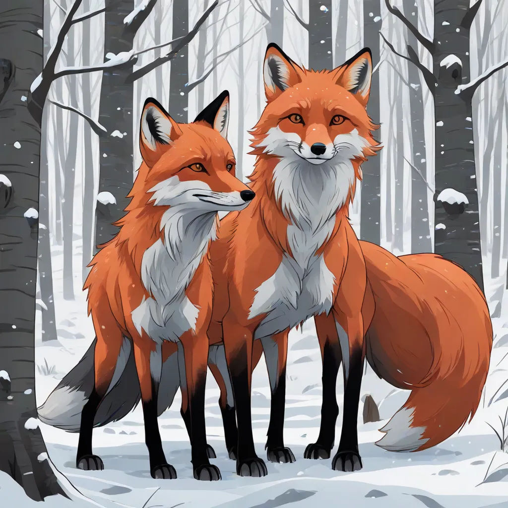 two foxes standing in the snow in front of trees and snow covered ground with snow on the ground and trees, a storybook illustration, Dan Mumford, furry art, official art