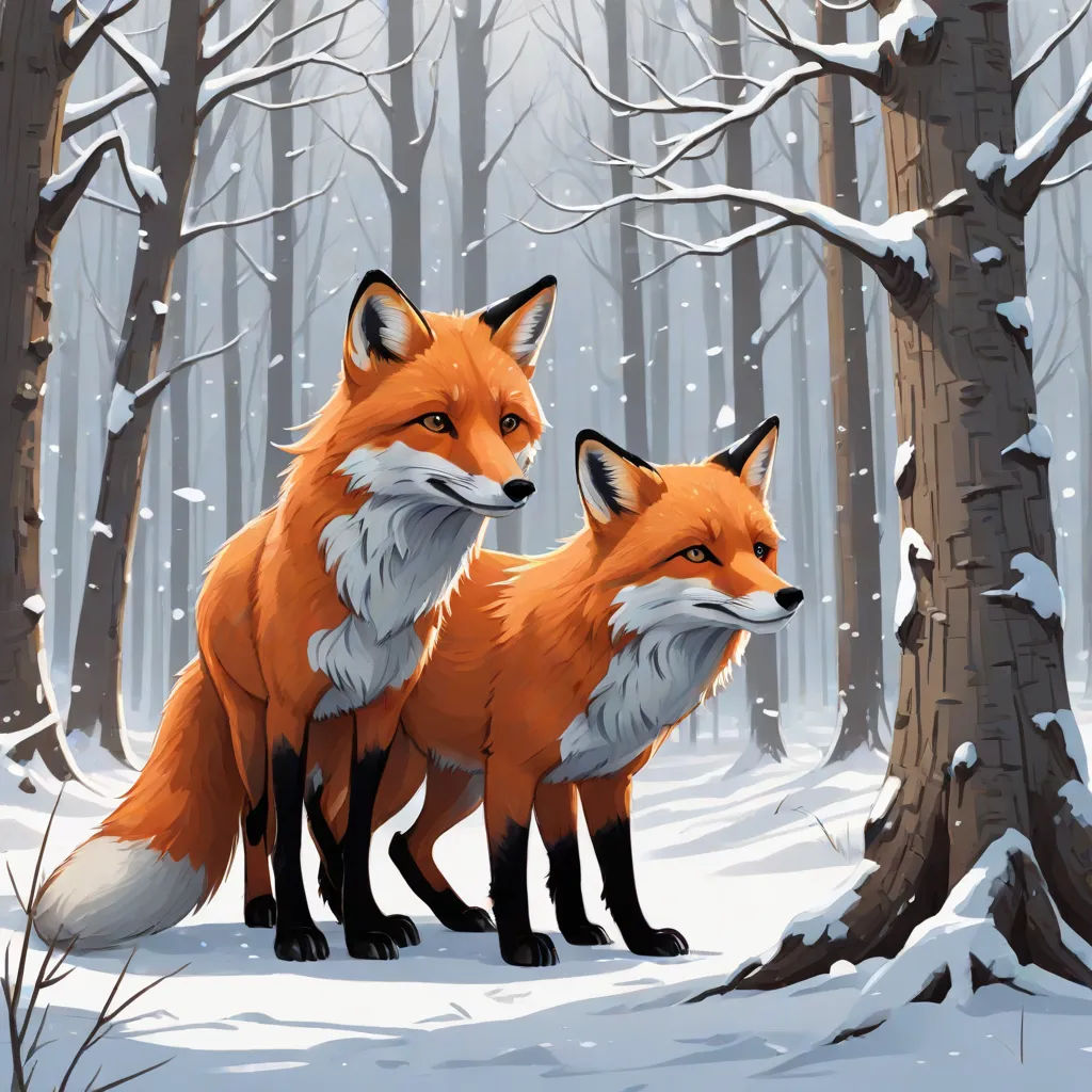 two foxes standing in the snow in front of trees and snow covered ground with snow on the ground and trees, a storybook illustration, Dan Mumford, furry art, josan gonzales and dan mumford