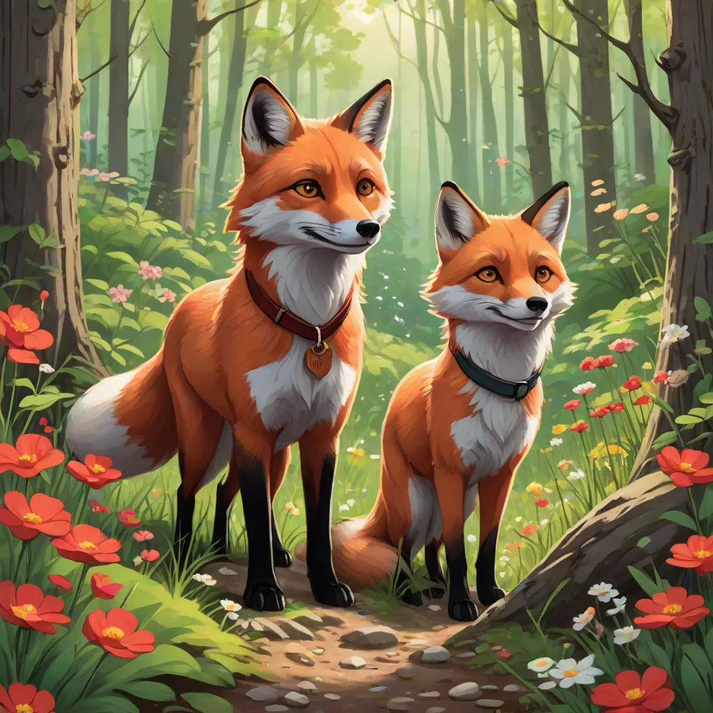 a painting of two foxes in a forest with flowers and trees in the background, one of them is looking at the camera, a storybook illustration, Brothers Hildebrandt, furry art, official art