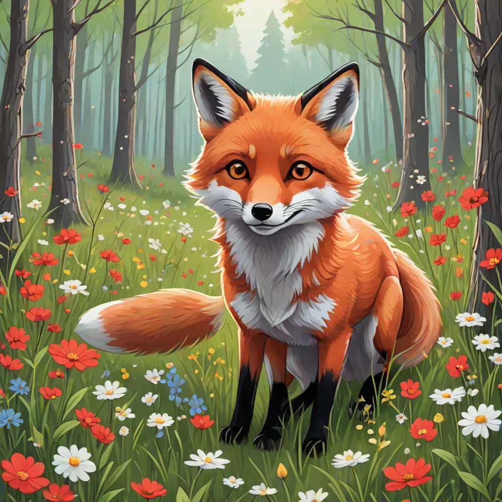 a painting of a fox in a forest with flowers and trees in the background, with a sunbeam, a storybook illustration, Dan Mumford, furry art, official art