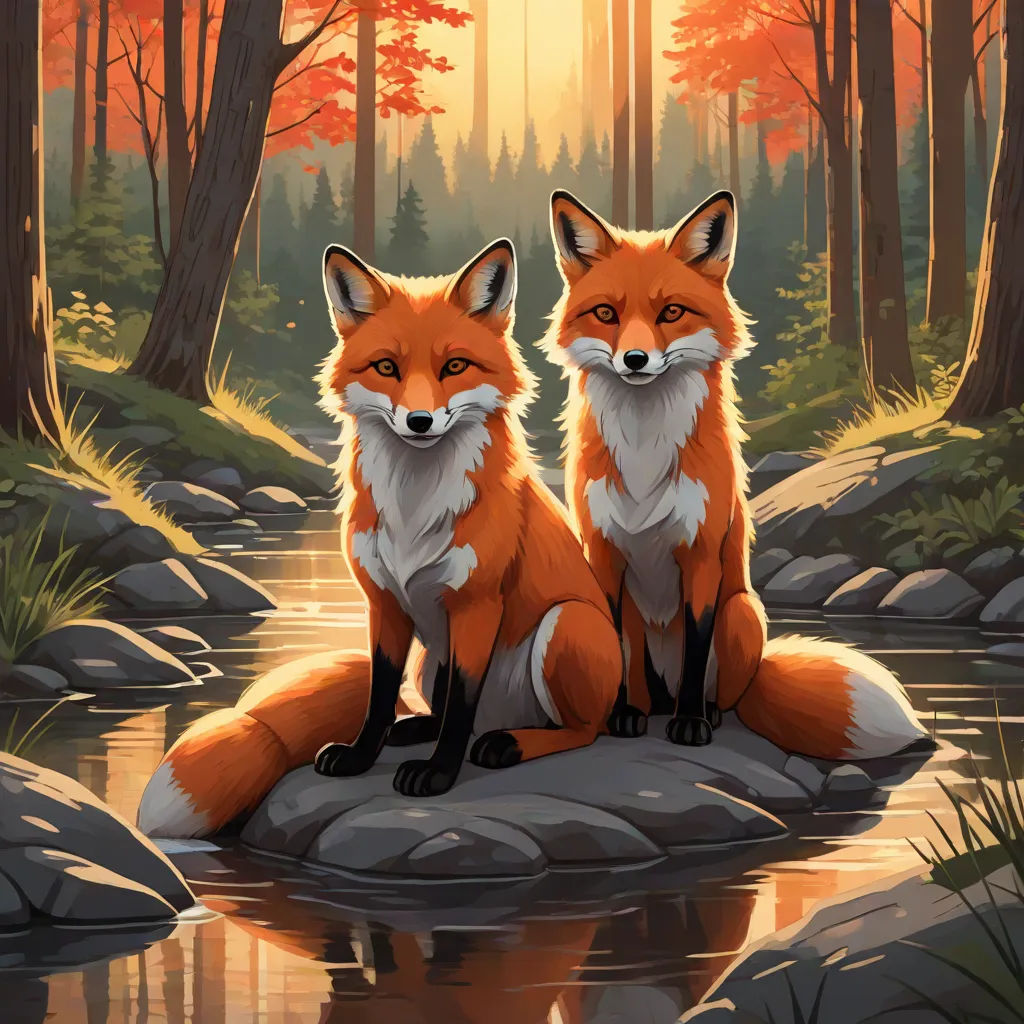 two foxes sitting on a rock in a forest with a stream in the foreground and trees in the background, a fine art painting, Dan Mumford, furry art, orange