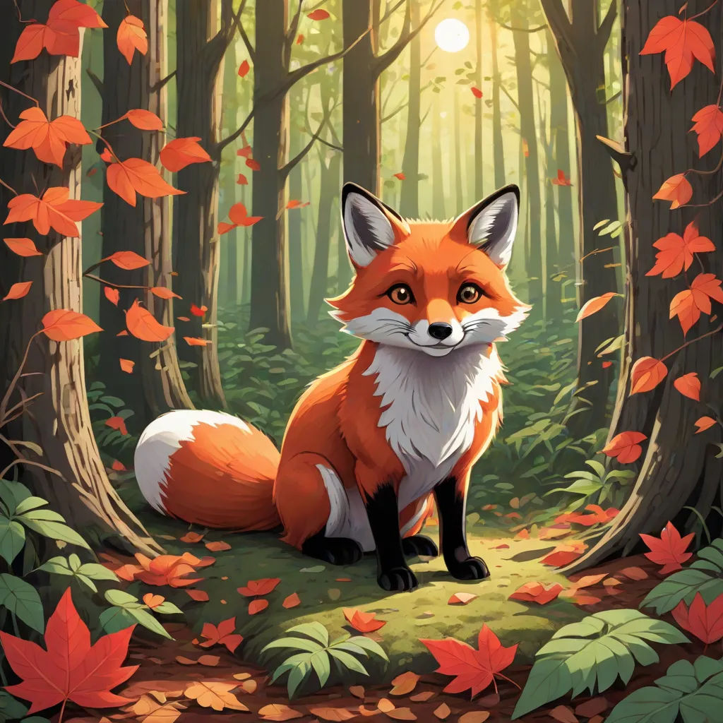a red fox sitting in the middle of a forest with leaves on the ground and a sun shining through the trees, a storybook illustration, Aaron Jasinski, furry art, official art