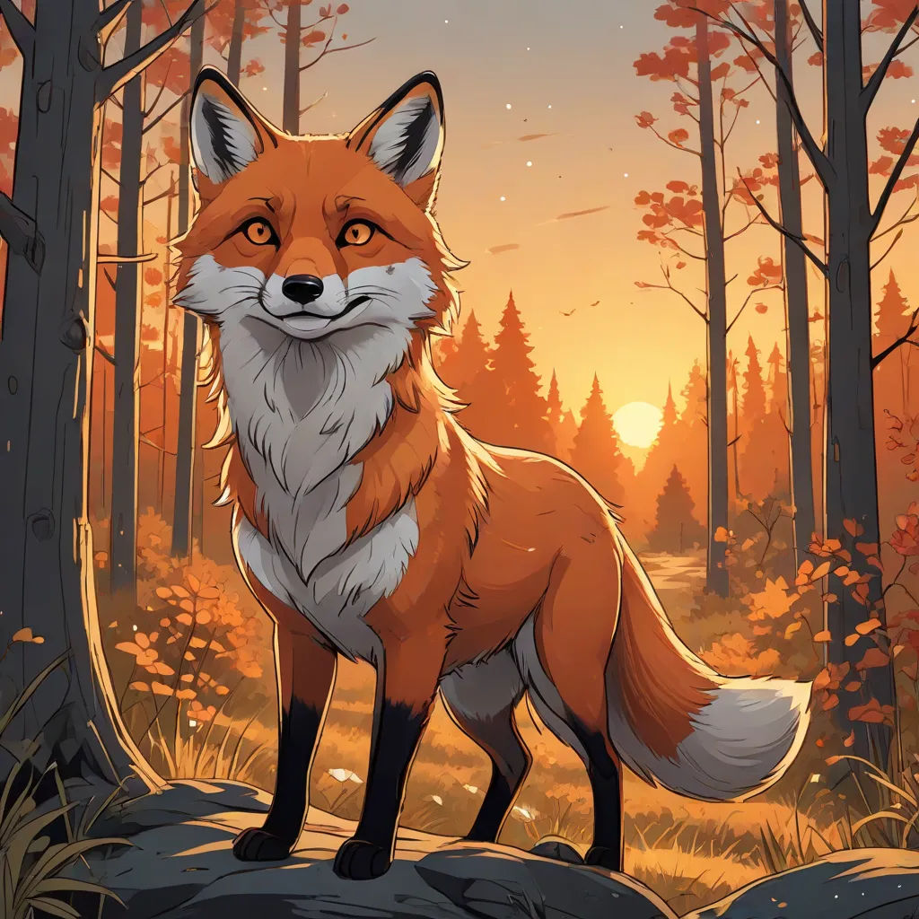 a fox standing on a rock in a forest at sunset with trees and leaves around it and a sun shining through the trees, a painting, Dan Mumford, furry art, official art