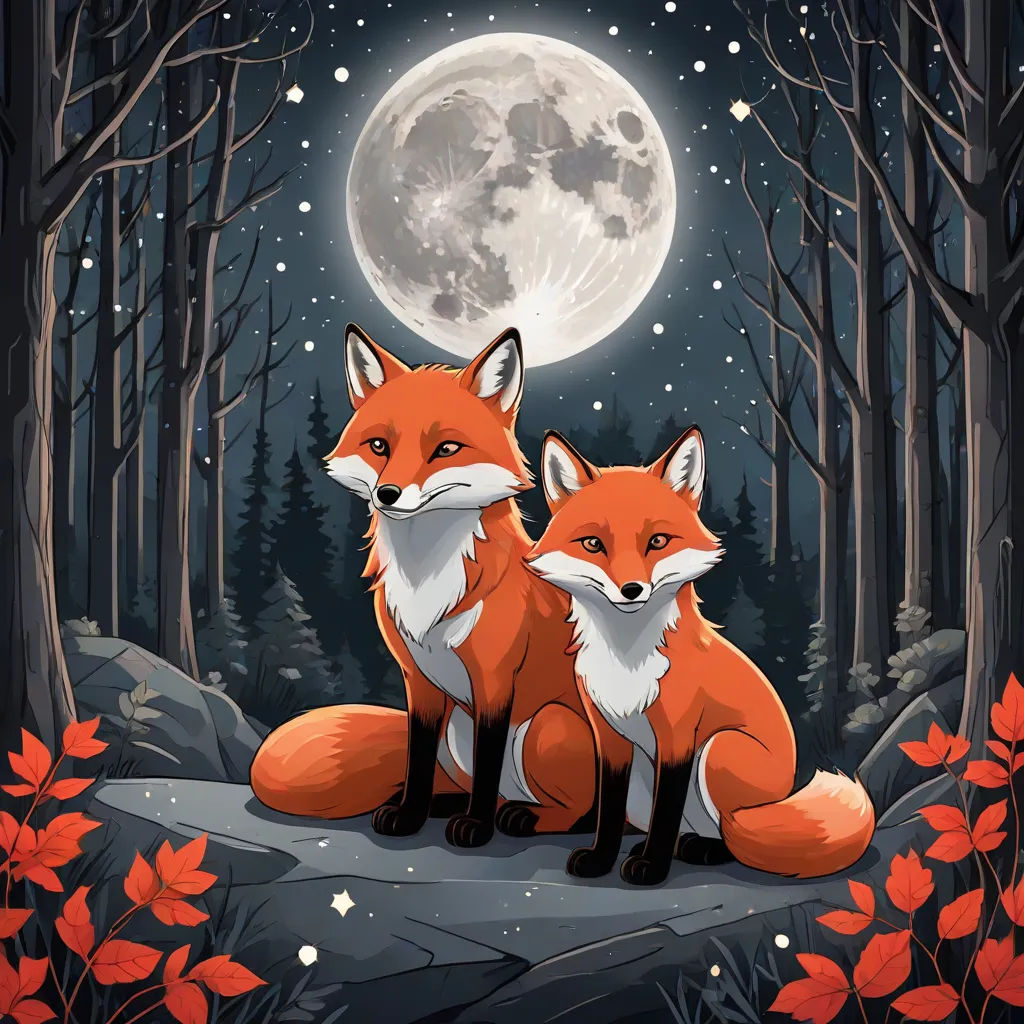 two foxes sitting on a rock in the woods under a full moon with red leaves and a full moon behind them, a storybook illustration, Dan Mumford, furry art, highly detailed digital art