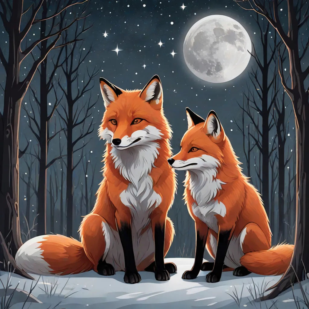 two foxes sitting in the snow under a full moon and stars sky with trees and a full moon in the background, a storybook illustration, Dan Mumford, furry art, storybook illustration
