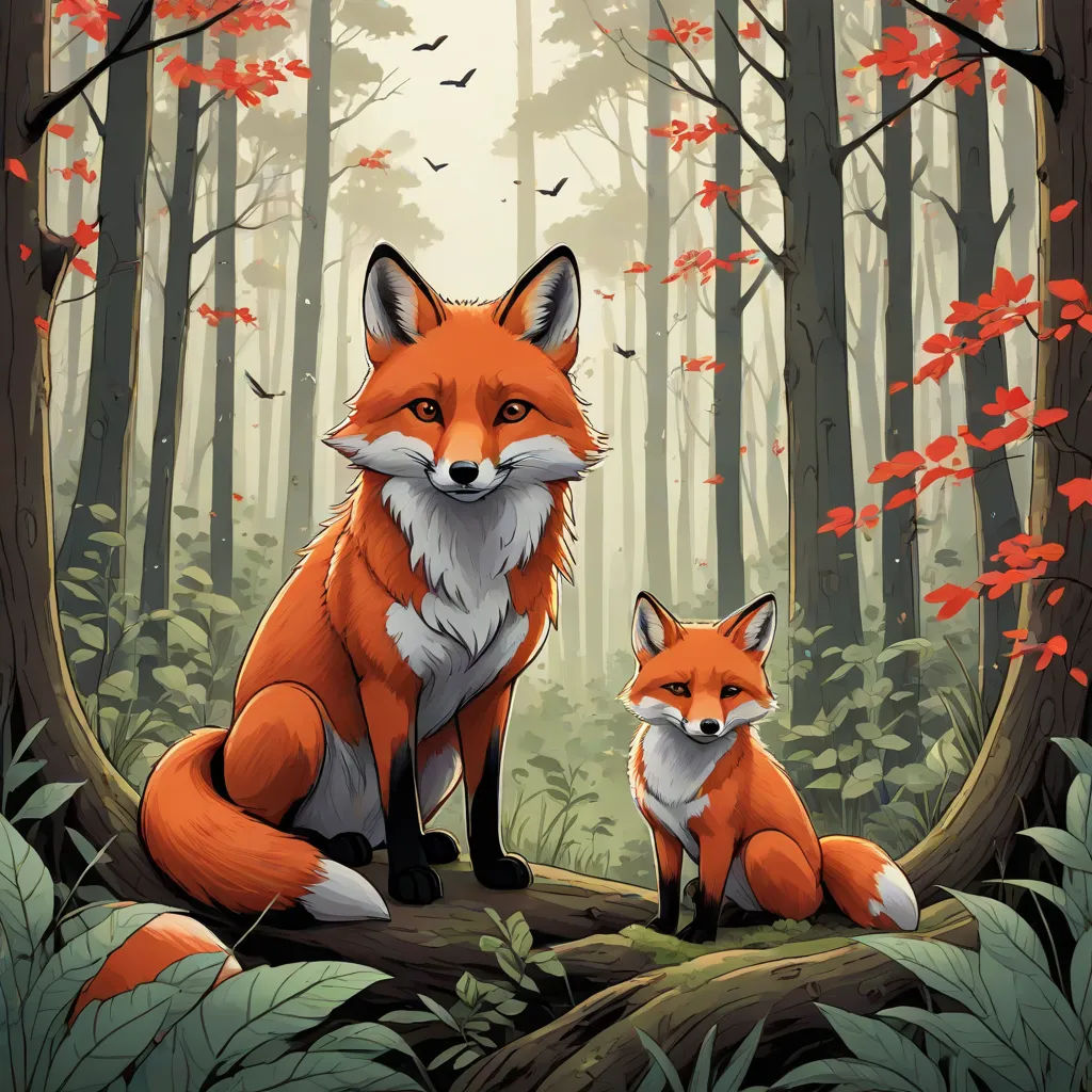 a painting of two foxes in a forest with red leaves on the trees and a bird flying overhead in the sky, a storybook illustration, Dan Mumford, furry art, red