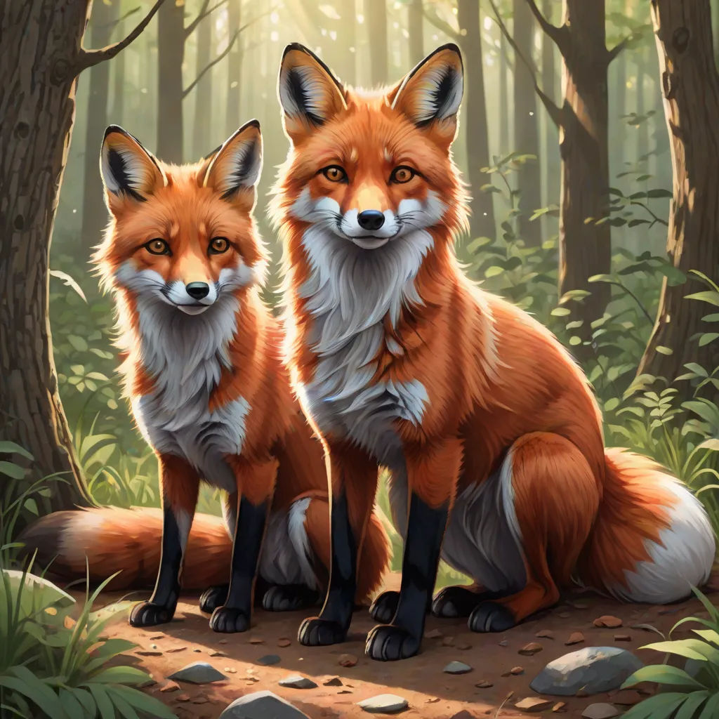 two foxes sitting in the woods with their eyes open and their tails curled up, looking at the camera, a digital painting, Brothers Hildebrandt, furry art, furaffinity