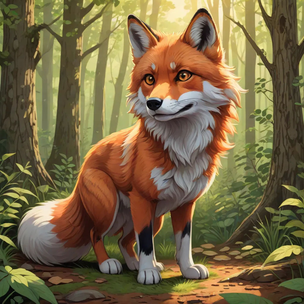 a painting of a fox in a forest with trees and leaves on the ground and a path leading to the woods, a digital painting, Aaron Jasinski, furry art, official art