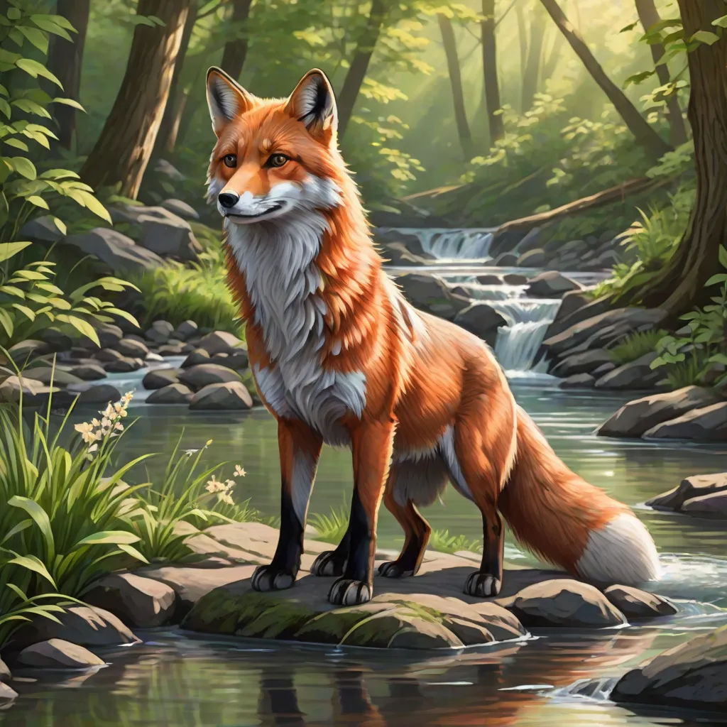 a painting of a fox standing on a rock in a forest next to a stream of water and trees, a fine art painting, Dan Mumford, furry art, official art