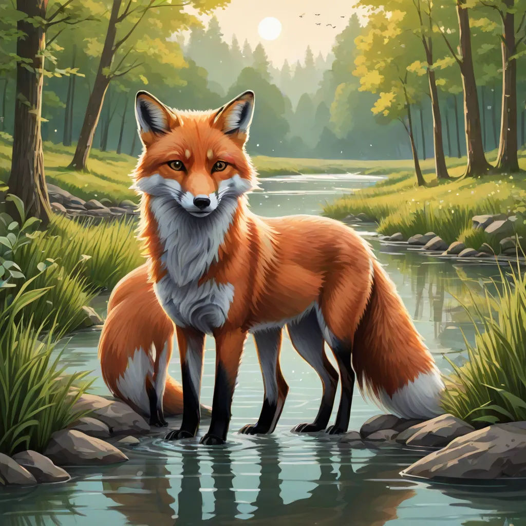 a painting of a fox standing in a river with a forest in the background and a sun shining on the water, a storybook illustration, Dan Mumford, furry art, official art