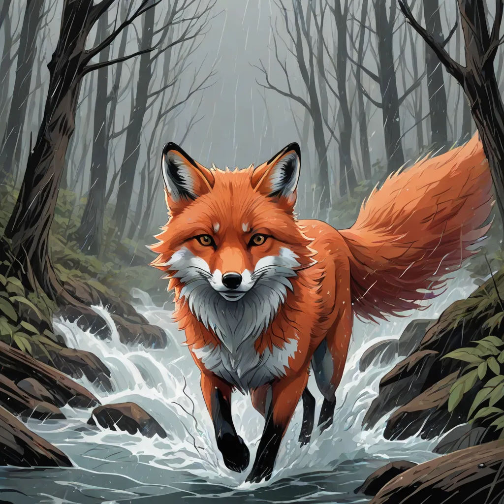 a red fox is walking through a stream in the woods with trees and rocks in the background, with a stream running through it, a digital painting, Dan Mumford, furry art, official art