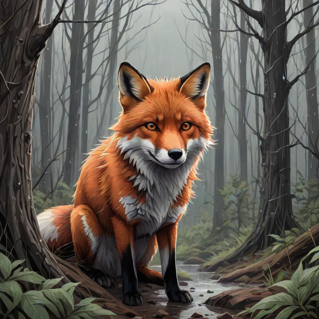a painting of a fox sitting in a forest looking at the camera with a sad look on his face, a digital painting, Dan Mumford, furry art, highly detailed digital painting