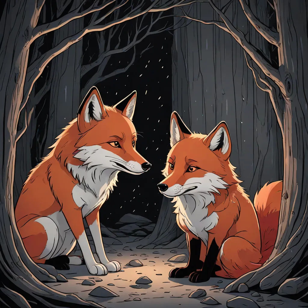 two foxes sitting in a forest looking at each other with a dark background and snow falling on them,, a storybook illustration, Dan Mumford, furry art, furaffinity